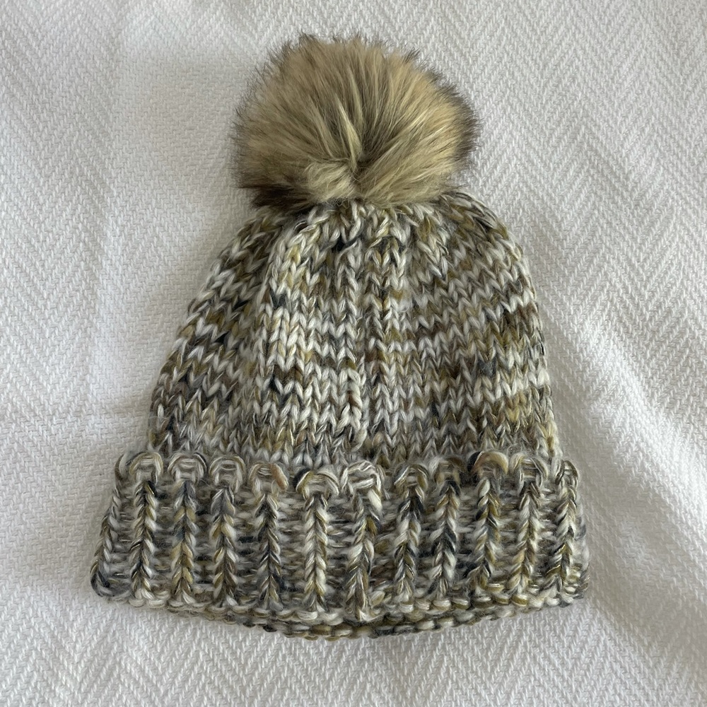 Neutral Multi-Colored Beanie with Fur Pom Pom
